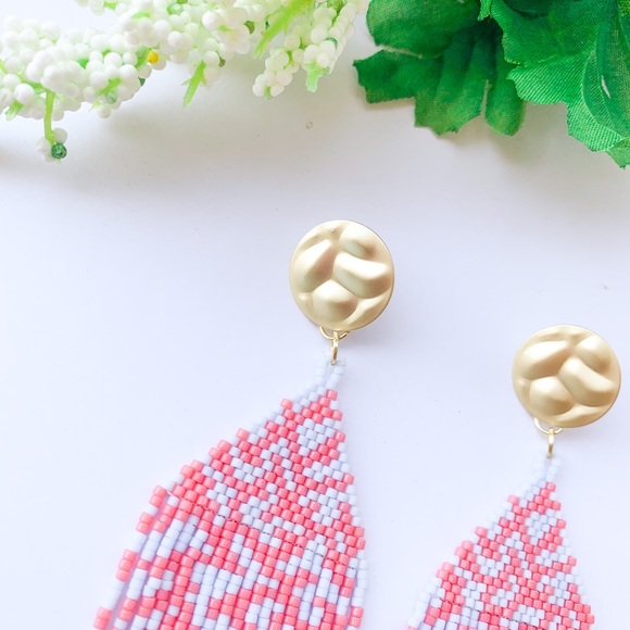 Coral Patterned Fringe Bead Handmade Earrings Pink & Blue - Picture 3 of 6